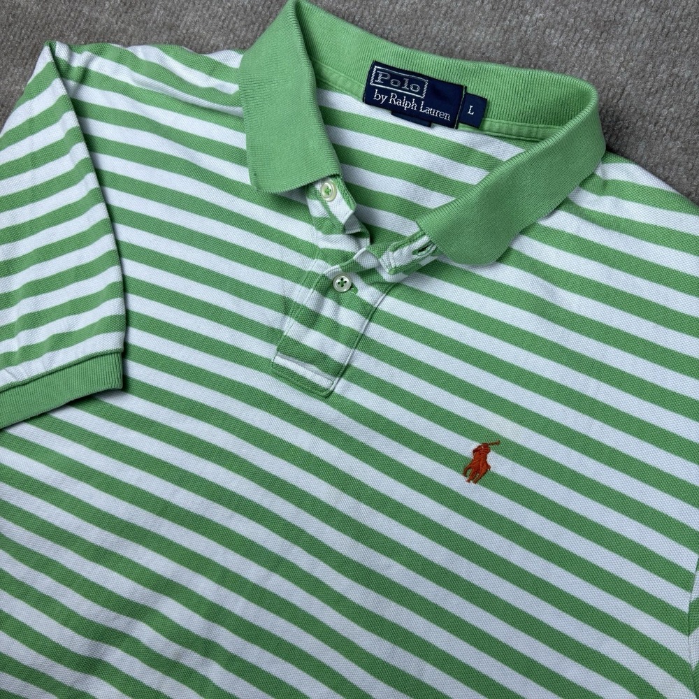 Polo Ralph Lauren Polo Shirt Mens L Green White Striped Short Sleeve Cotton